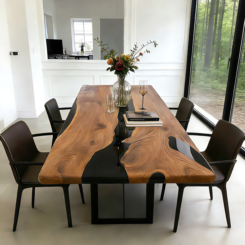 Custom Black Walnut Black River Epoxy Table in Miami