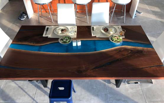 Custom Black Walnut Blue River Epoxy Dining Tables Kazanahome in Dallas