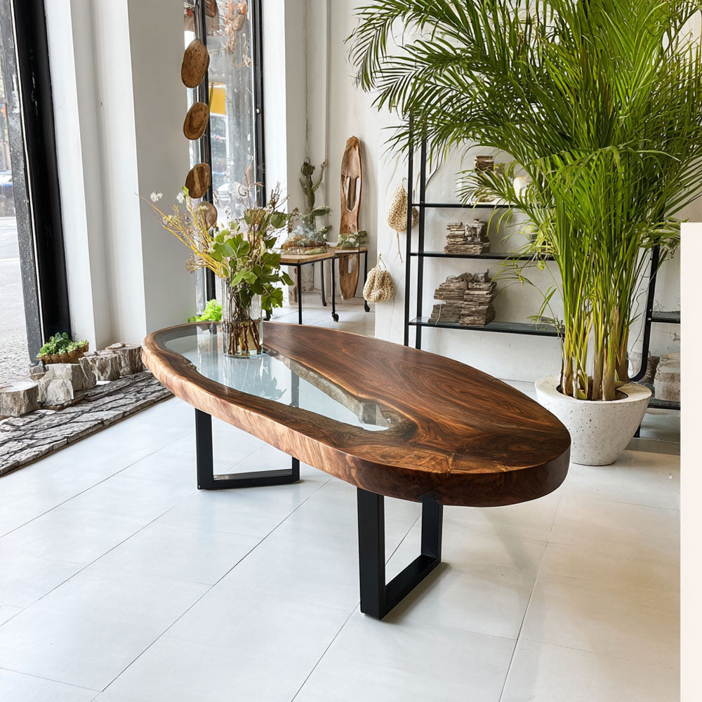 Custom Black Walnut Clear River Resin Oval Epoxy Table in Miami