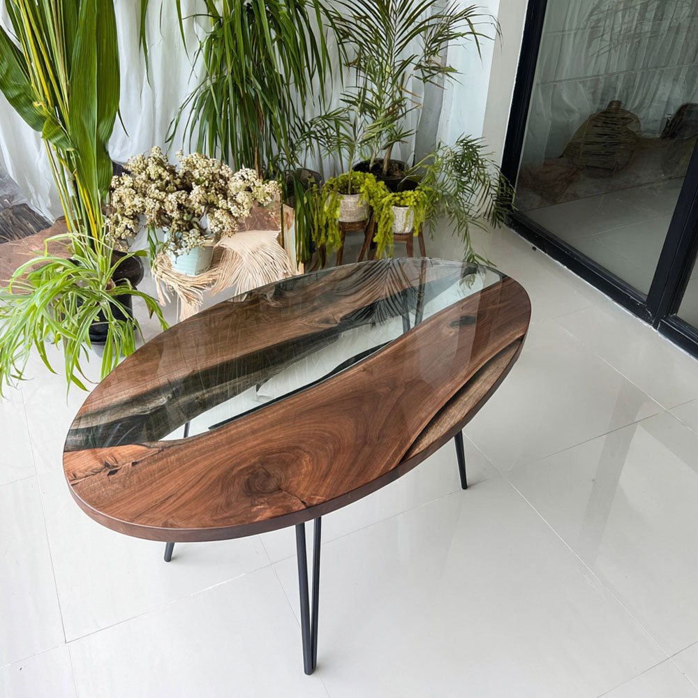 Custom Black Walnut Clear River Resin Oval Epoxy Table in Miami