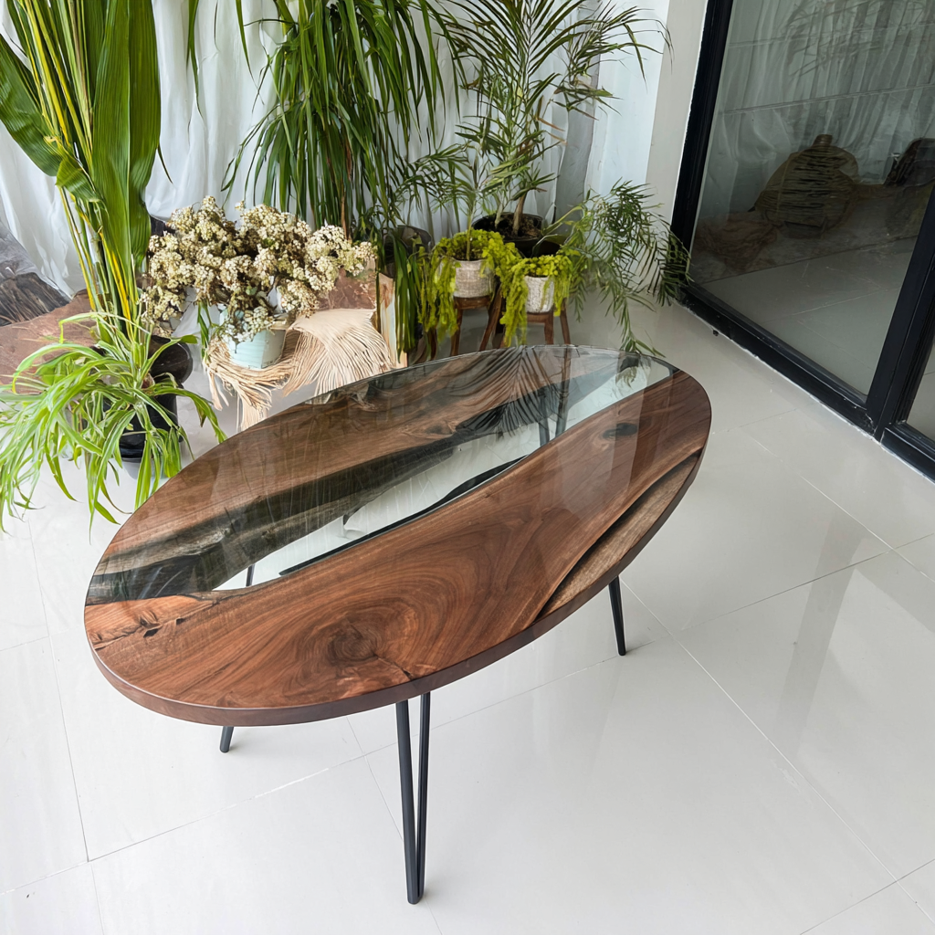 Custom Black Walnut Clear River Resin Oval Epoxy Table in Miami