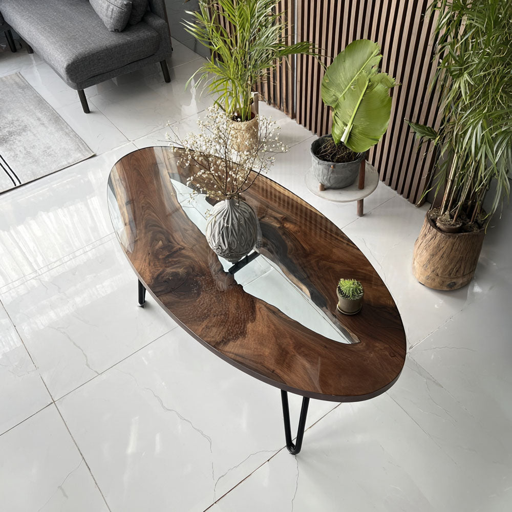 Custom Black Walnut Clear River Resin Oval Epoxy Table in Miami