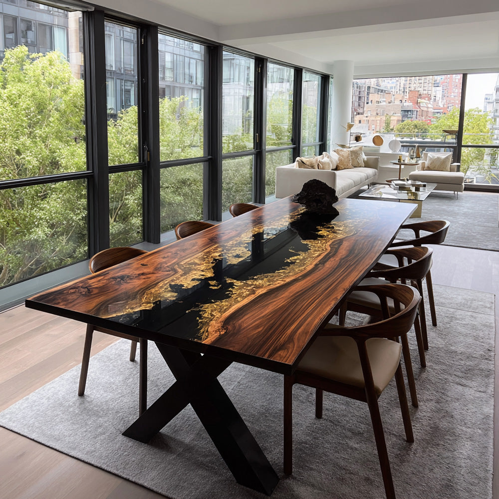 Custom Black Walnut Epoxy Table Metallic Golden Shimmer Black Resin River in Beverly Hills