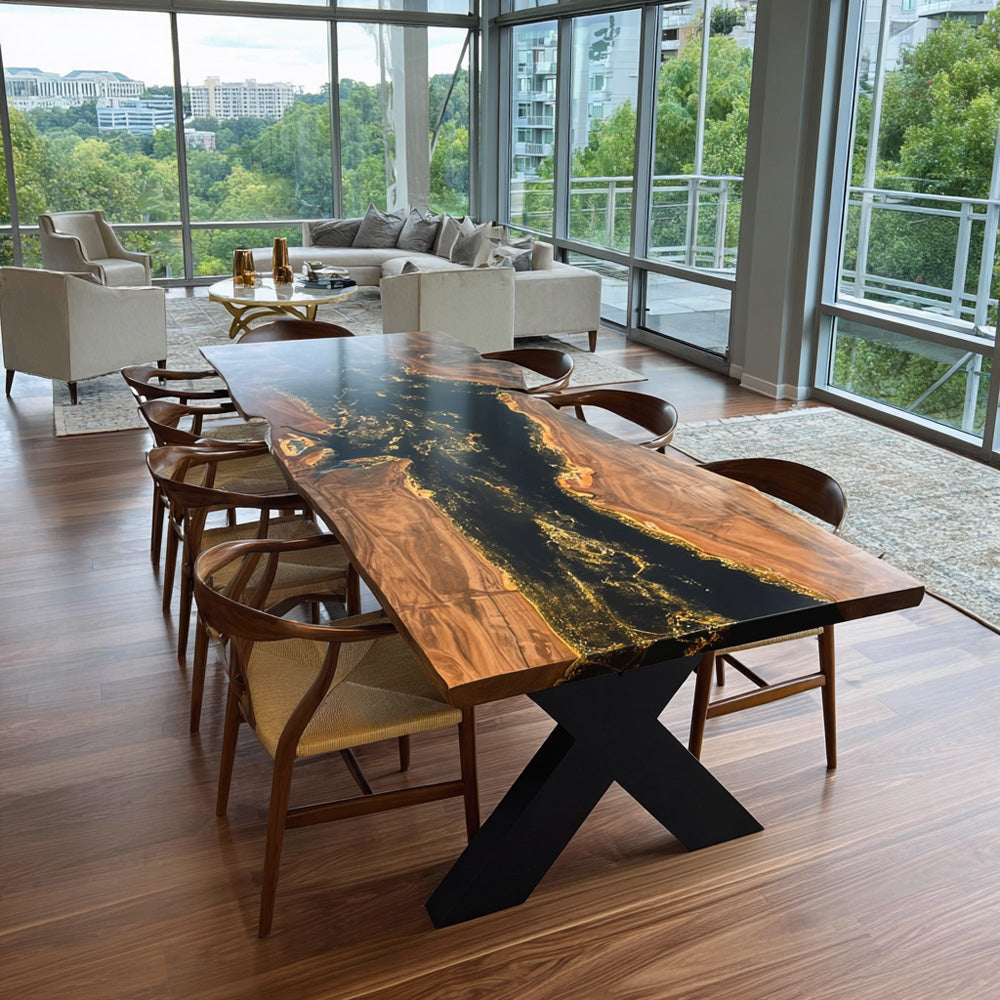 Custom Black Walnut Dining Epoxy Table with Metallic Golden Shimmer Black Resin River in Beverly Hills