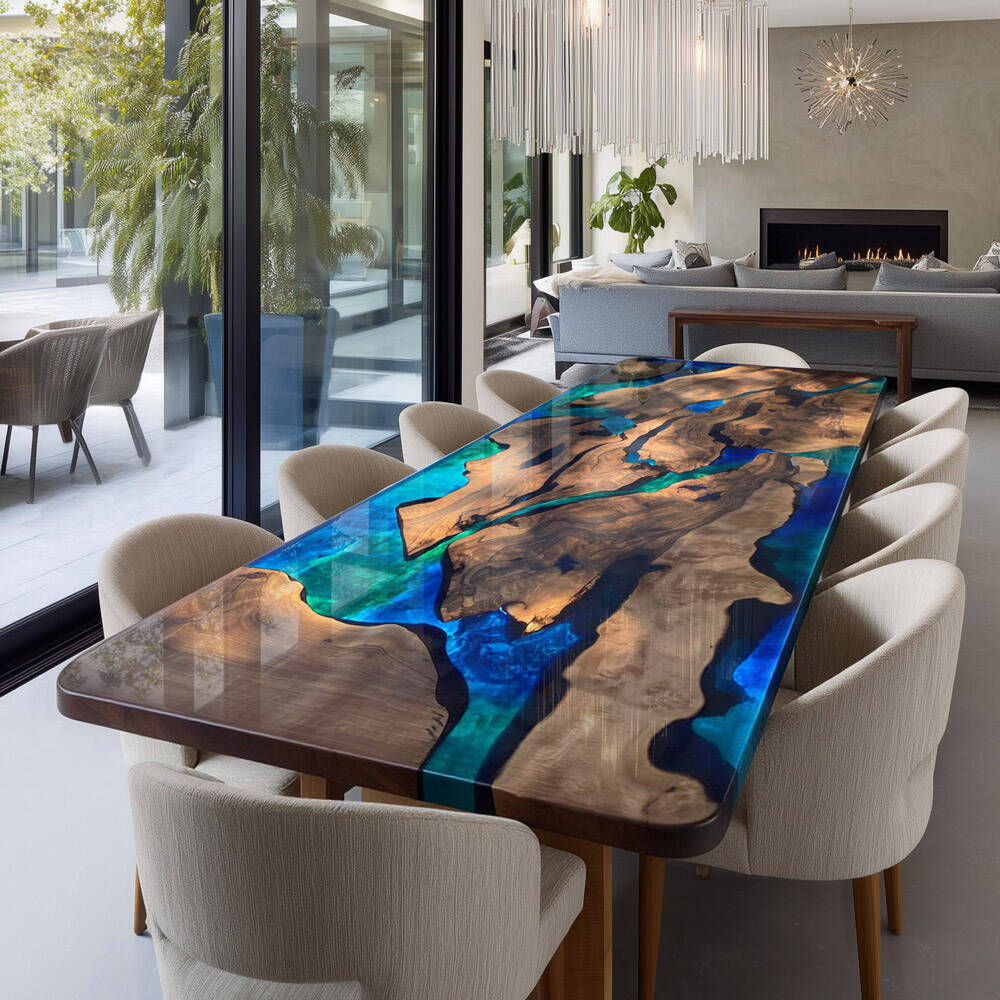 Custom Black Walnut Mixed Green and Blue Epoxy Table - Breathtaking Aurora Flow for Large Dining Spaces in Hamptons
