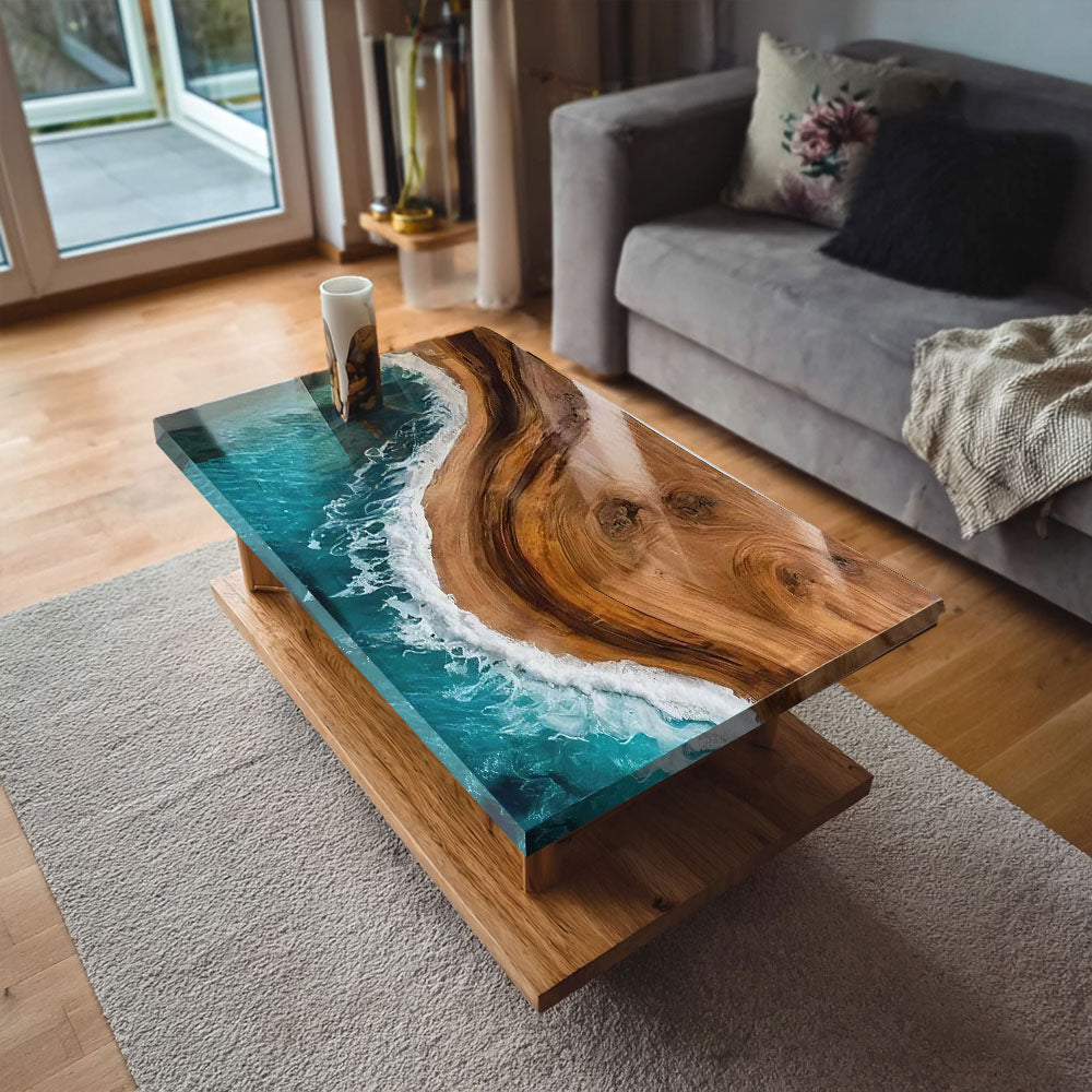 Custom Black Walnut Ocean Wave Living Room Beach Epoxy Table in New York