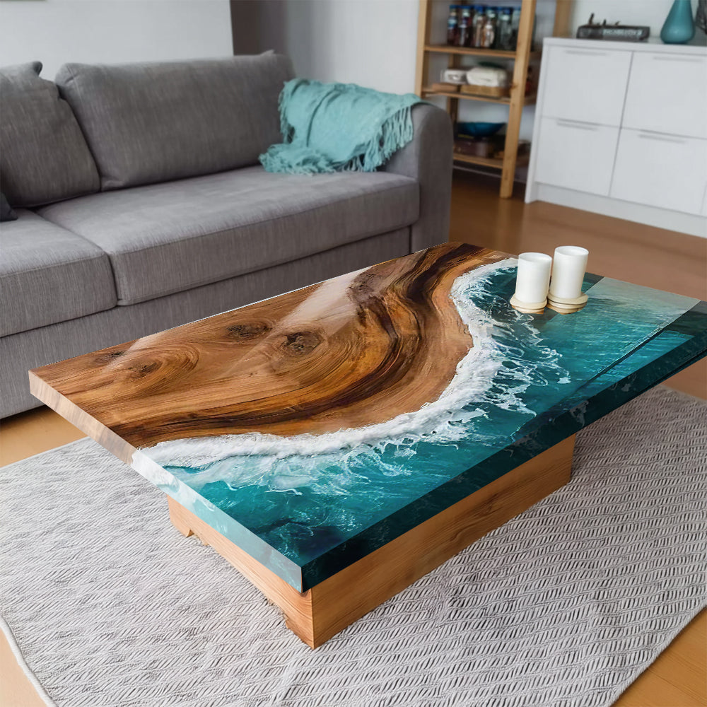Custom Black Walnut Ocean Wave Living Room Beach Epoxy Table in New York