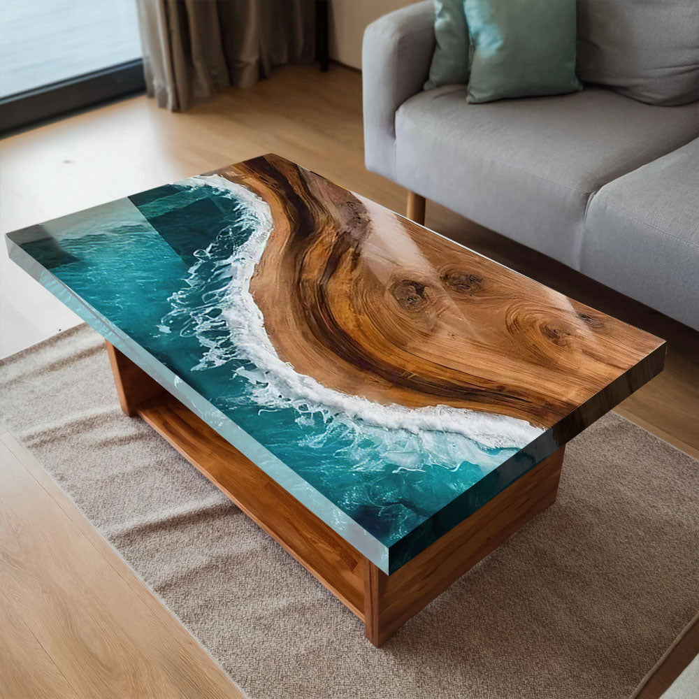 Custom Black Walnut Ocean Wave Living Room Beach Epoxy Table in New York