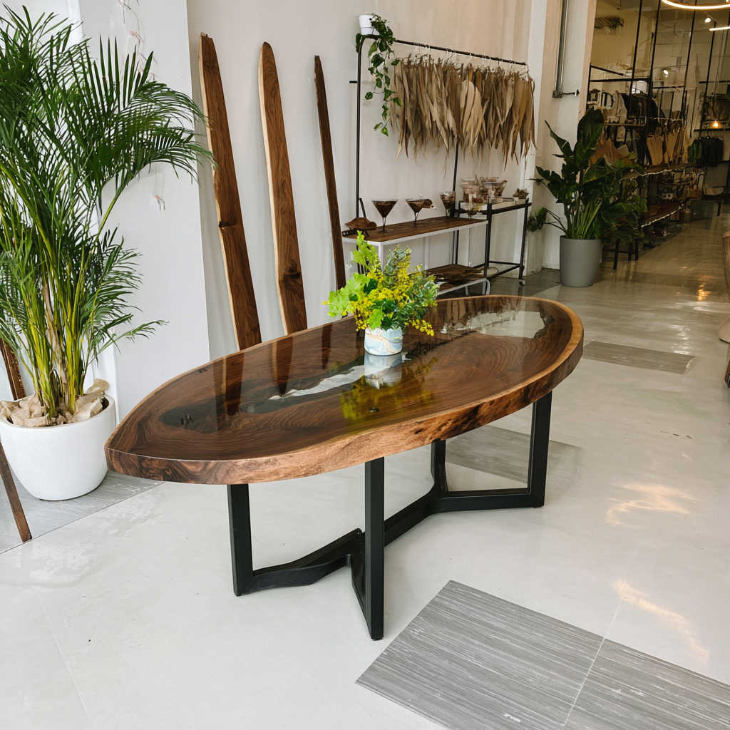 Custom Black Walnut River Resin Oval Epoxy Table in Miami