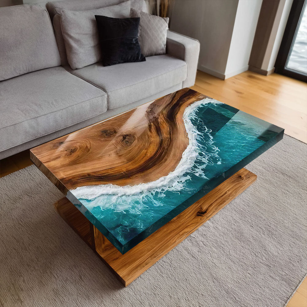 Custom Black Walnut Ocean Wave Living Room Beach Epoxy Table in New York