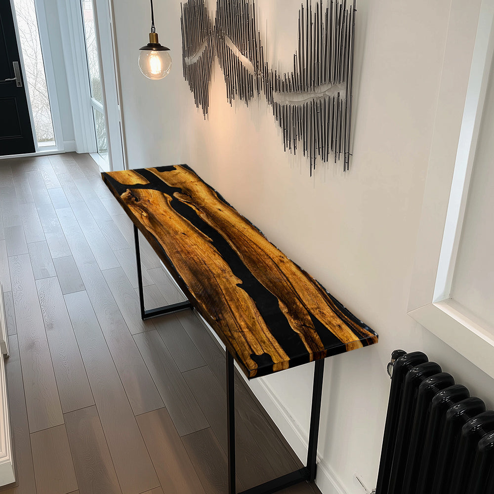 Custom Black Walnut Wood Black Resin River Epoxy Console Table