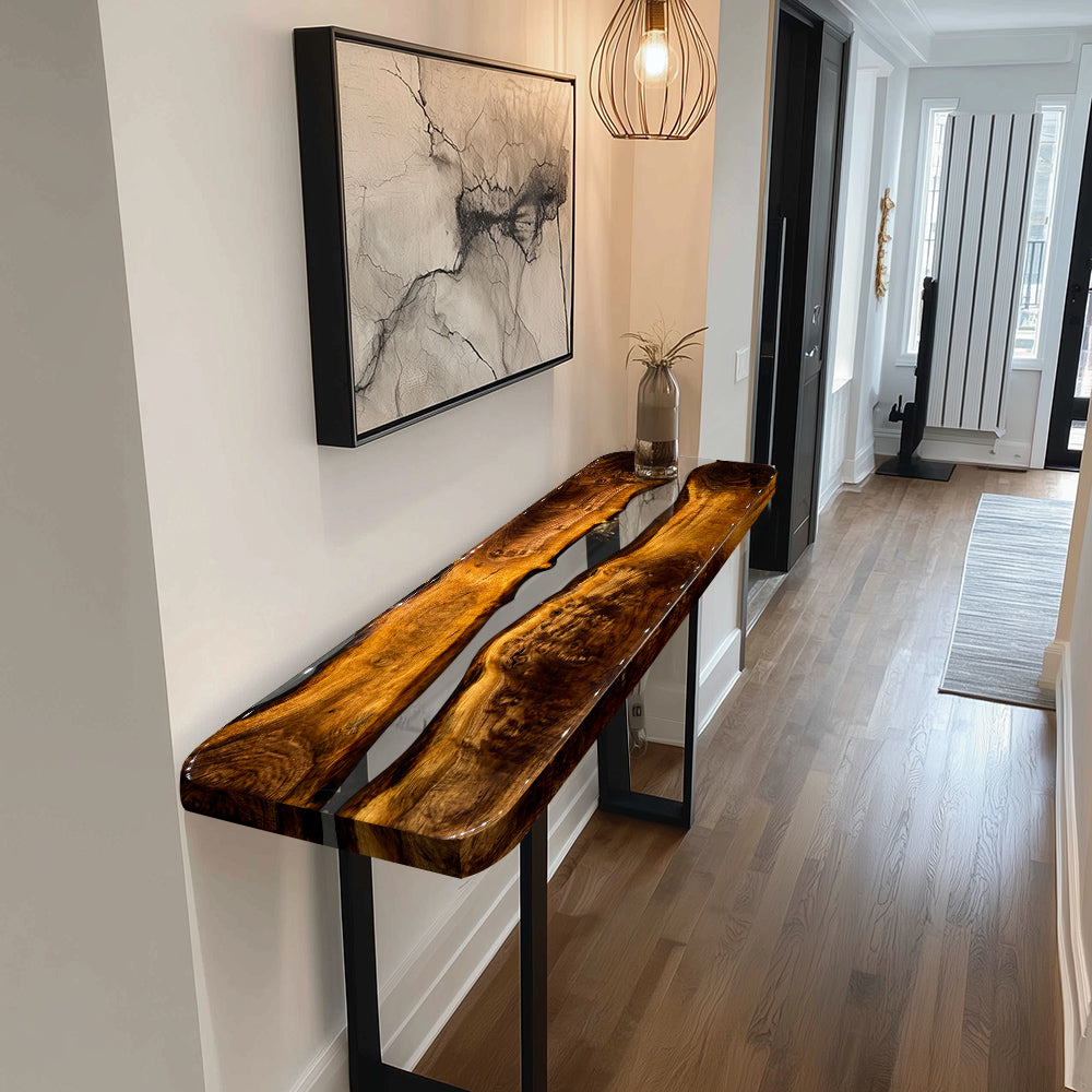 Custom Black Walnut Wood Transparent Resin River Epoxy Console Tabletop