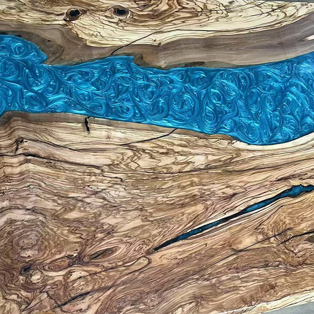 Custom Handmade Ash Wood & Blue Ocean Resin Epoxy Table in Hamptons