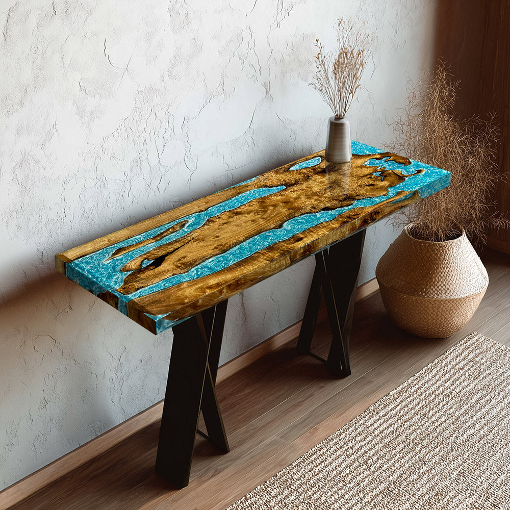 Custom Camphor Wood Peacock Blue Epoxy Console - Bar Table