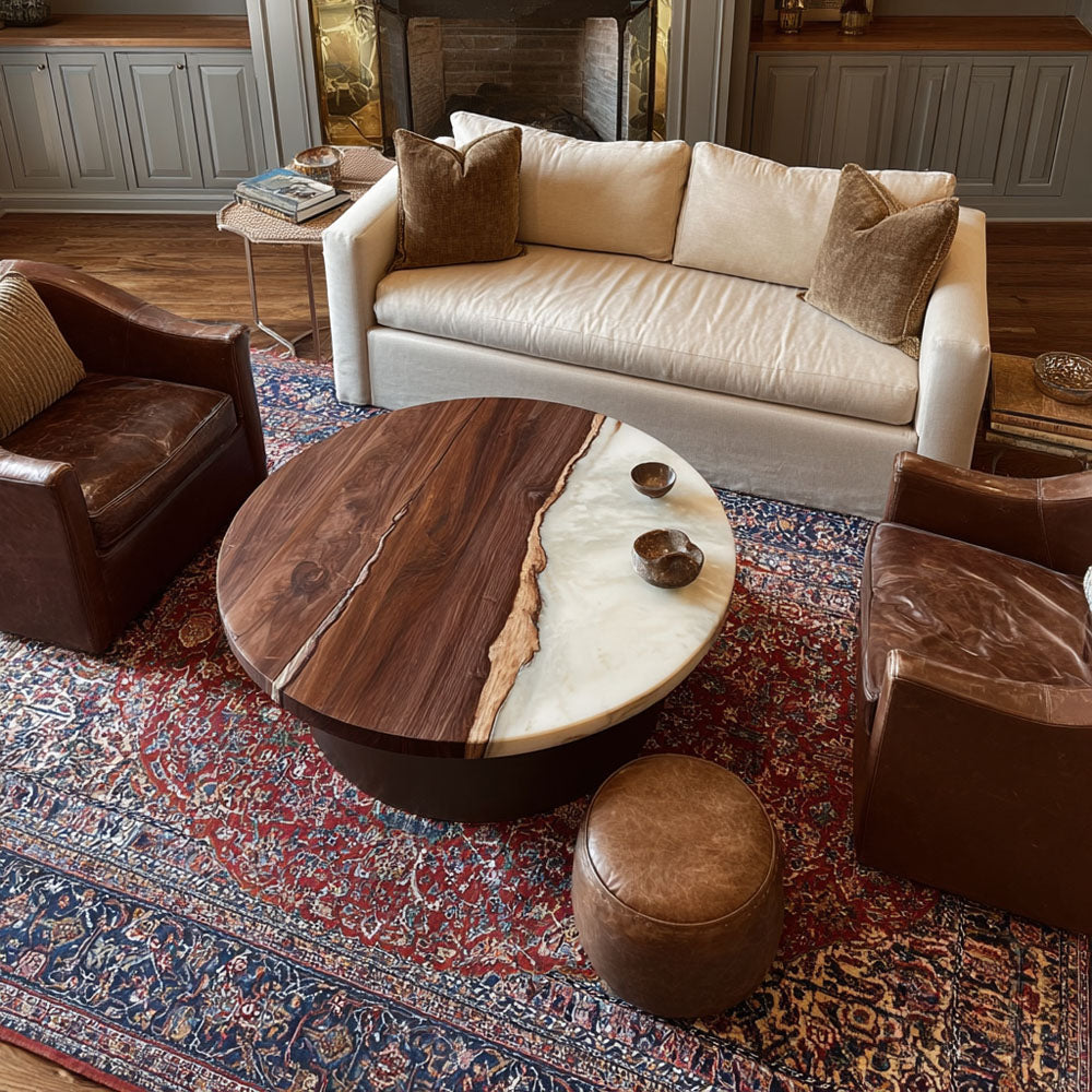 Custom Elegant Walnut Wood Round Soft Milky White Epoxy Table - Minimalist Luxury U.S. Living in New York City