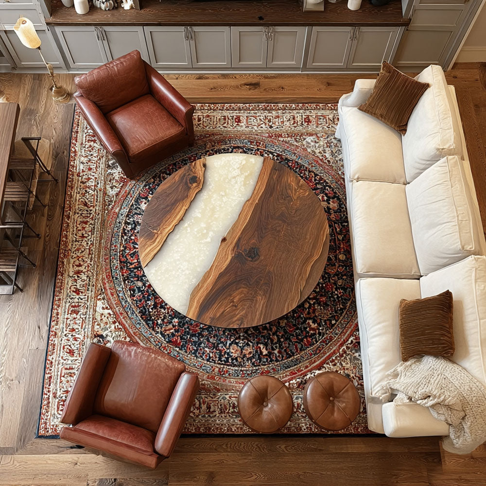 Custom Elegant Walnut Wood Round Soft Milky White Epoxy Table - Minimalist Luxury U.S. Living in New York City