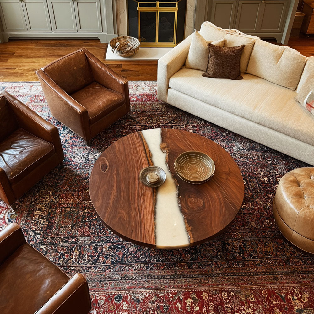 Custom Elegant Walnut Wood Round Soft Milky White Epoxy Table - Minimalist Luxury U.S. Living in New York City