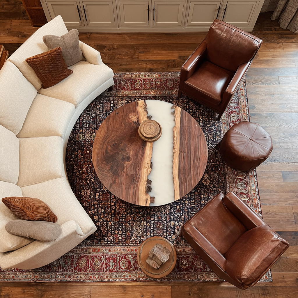 Elegant Walnut Wood Round Soft Milky White Epoxy Table - Minimalist Luxury U.S. Living in New York City