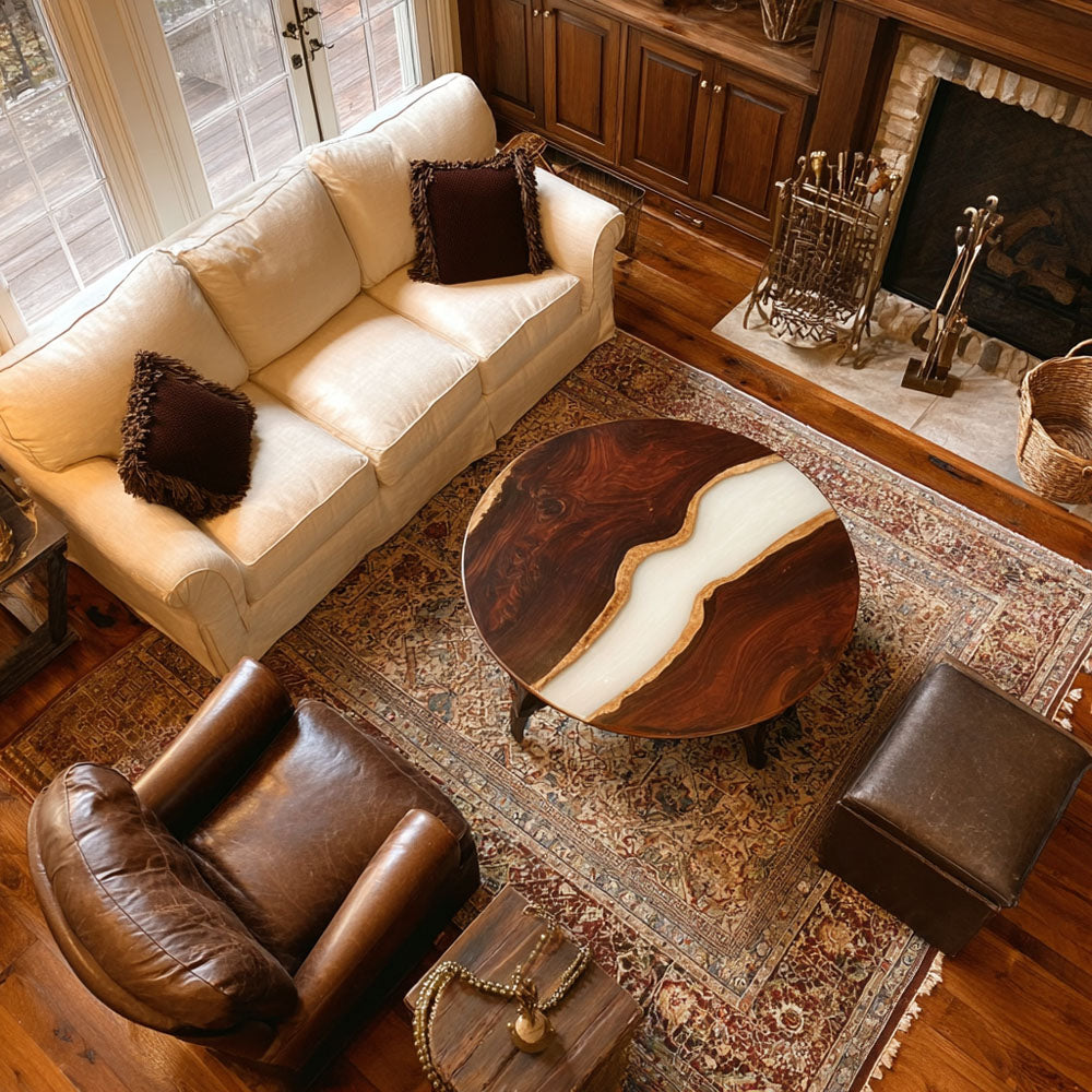 Custom Elegant Walnut Wood Round Soft Milky White Epoxy Table - Minimalist Luxury U.S. Living in New York City