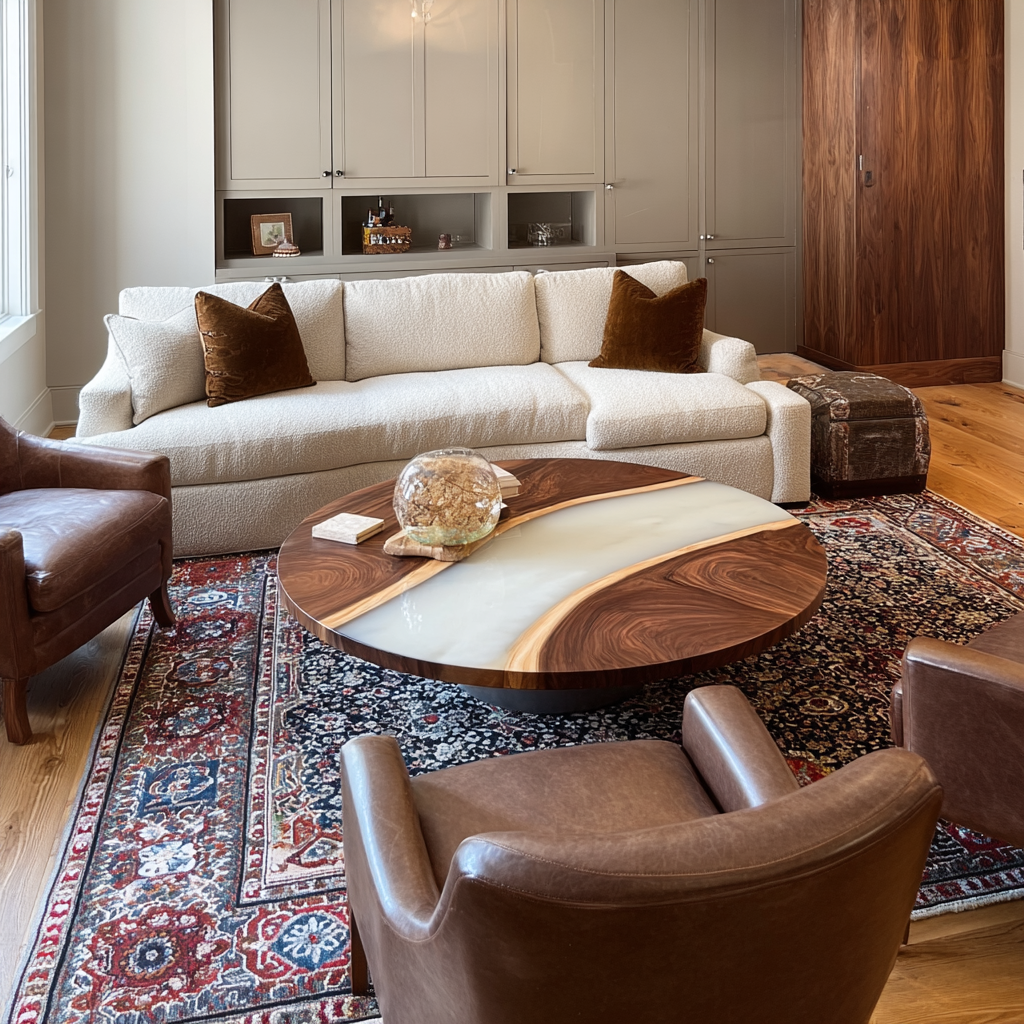 Wood Round Soft Milky White Epoxy Table - Minimalist Luxury U.S. Living RT29 in New York City