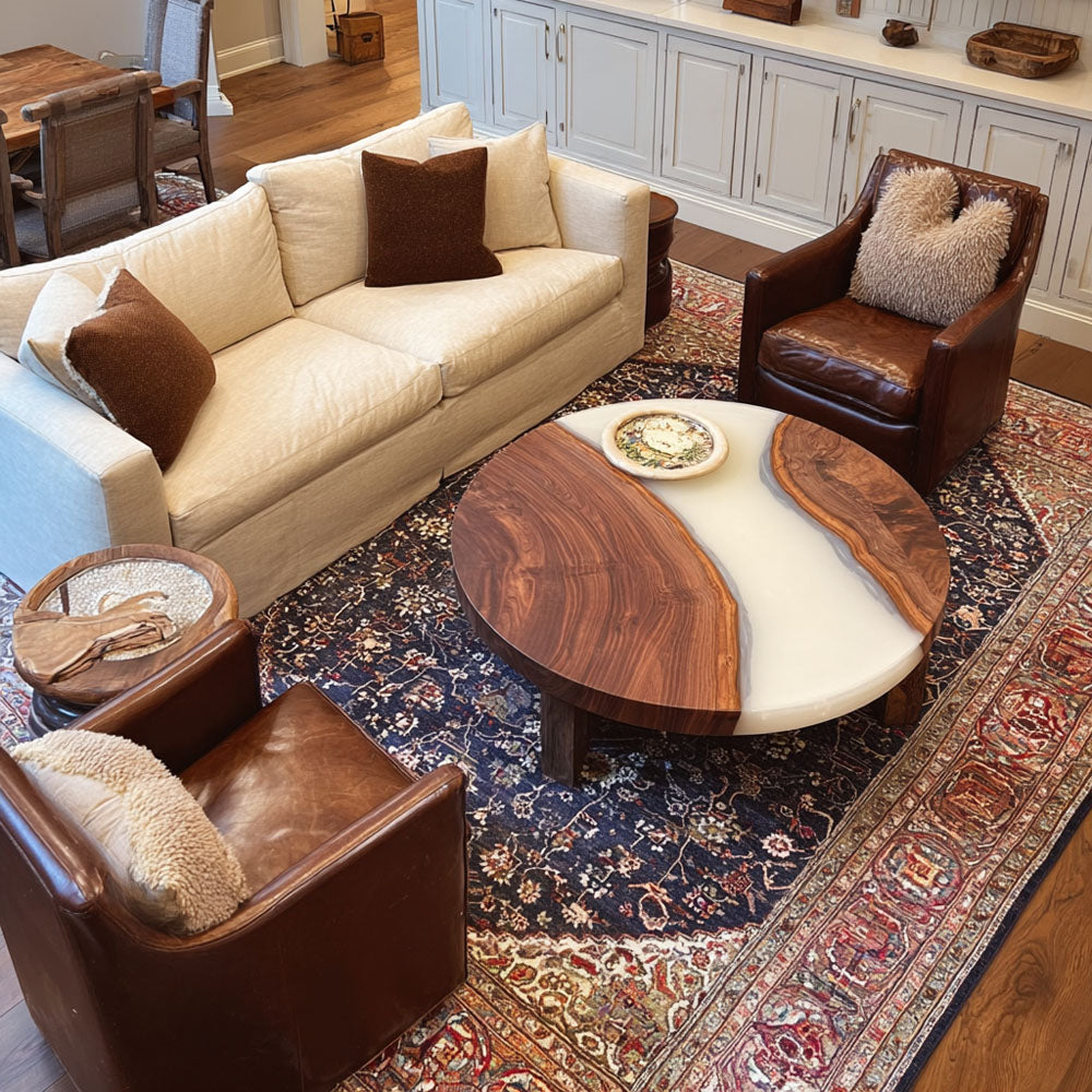 Custom Elegant Walnut Wood Round Soft Milky White Epoxy Table - Minimalist Luxury U.S. Living in New York City
