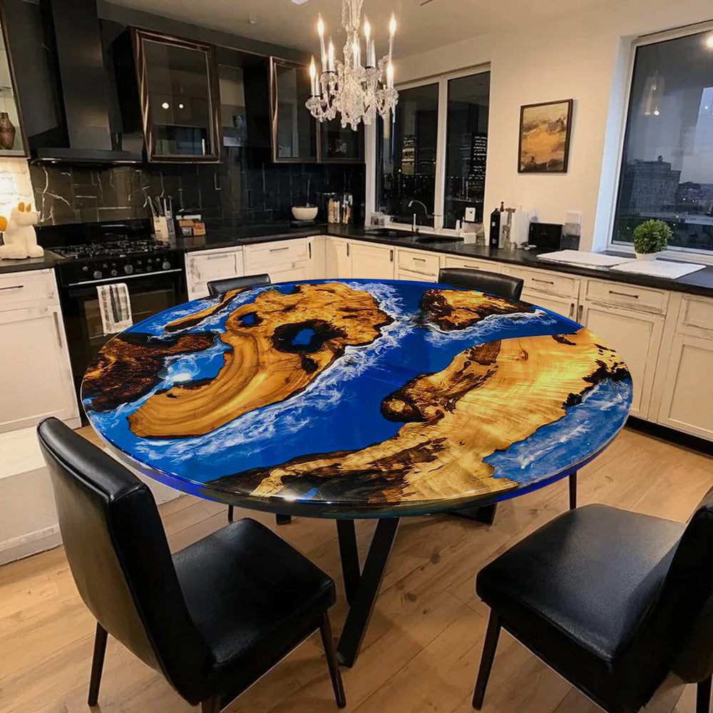 Custom Golden Camphor Ocean Blue Round Dining Epoxy Table