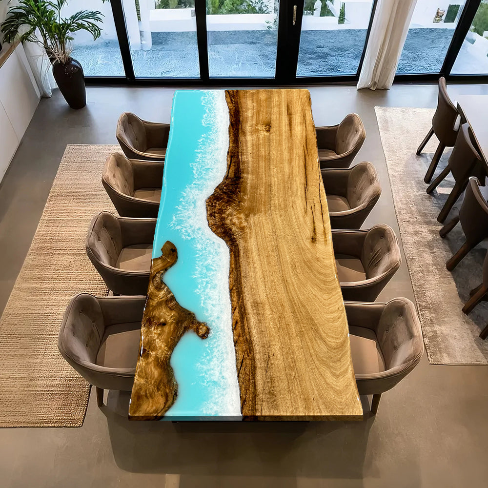 Custom Golden Camphor Ocean Sky Blue Epoxy Table