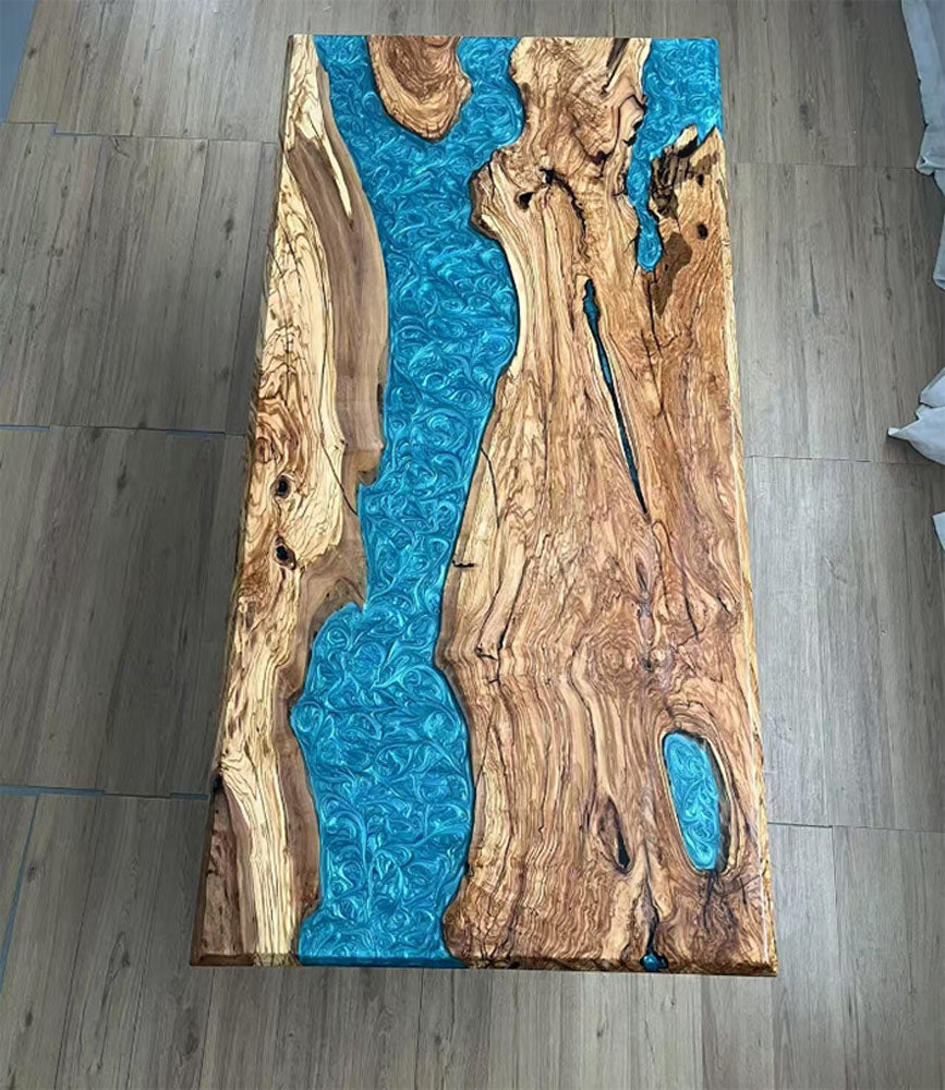 Custom Handmade Ash Wood & Blue Ocean Resin Epoxy Table in Hamptons