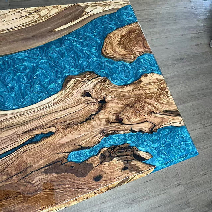 Custom Olive Wood & Blue Ocean Resin Epoxy Table