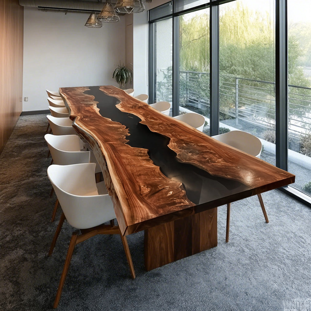 Custom Live Edge Black Walnut Black River Conference Resin Epoxy Table in Seattle