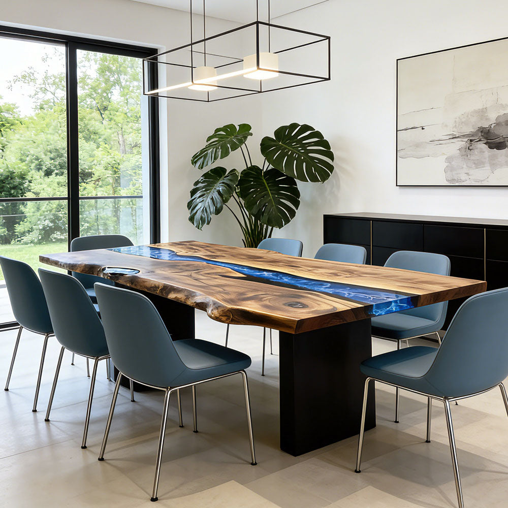 Custom Walnut Live Edge Blue River Epoxy Resin Table in Los Angeles