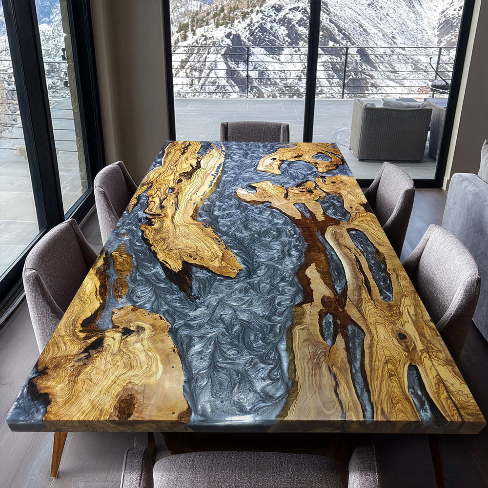 Custom Oive Silver Gray Resin River Epoxy Table