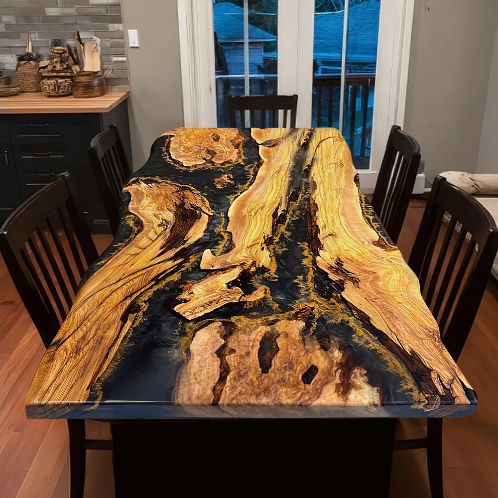 Custom Olive Black Gold Live Edge Resin Epoxy Table in California