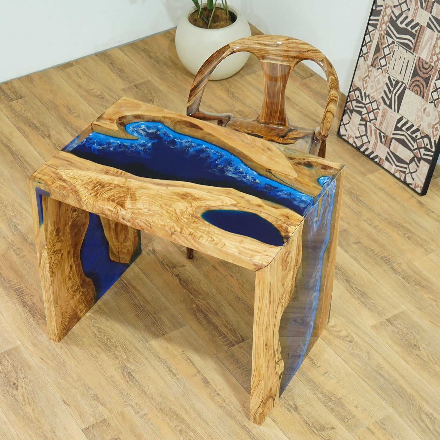 Custom Olive Blue Wave River Waterfall Epoxy Table Coffee Table