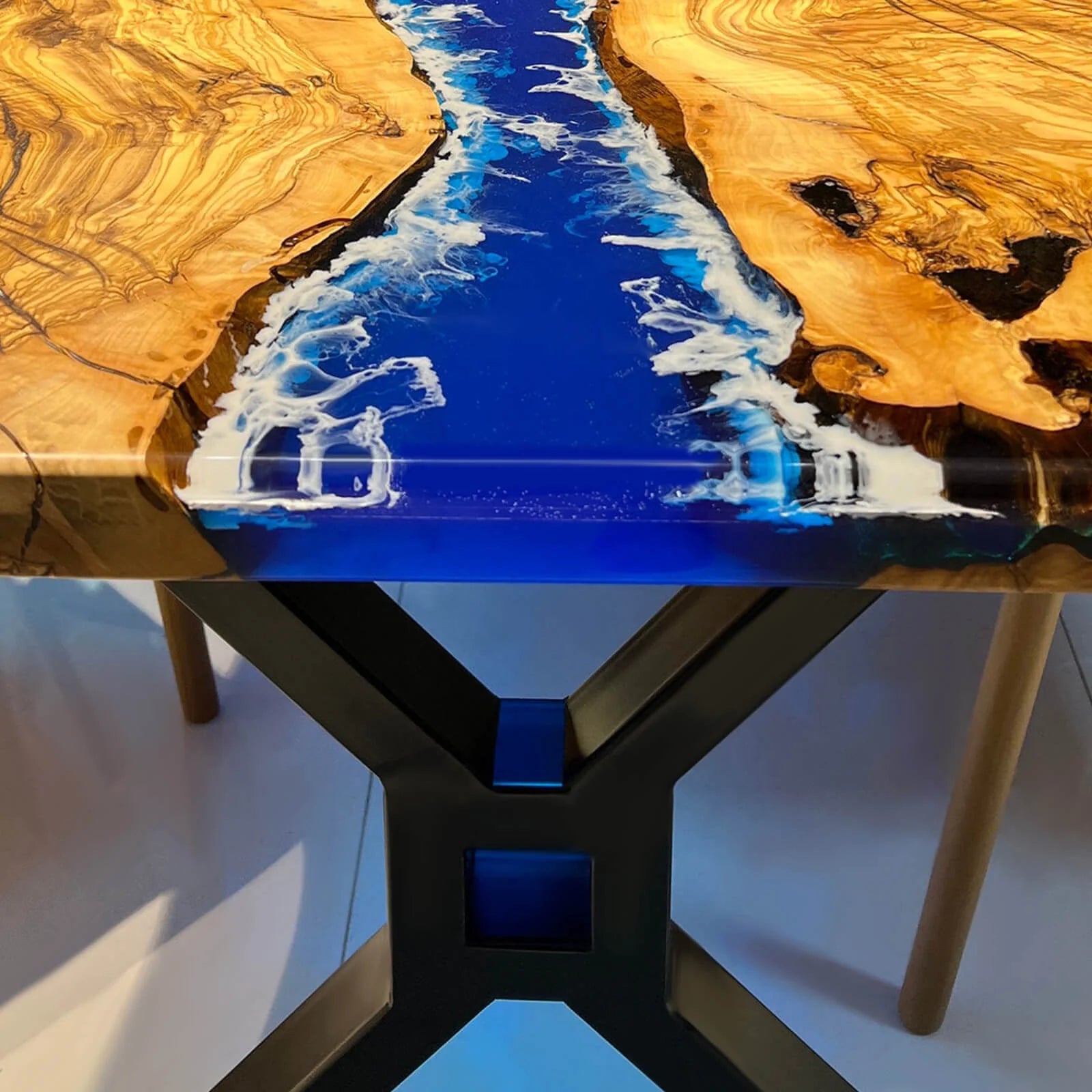 Olive Blue Wave Live Edge River Epoxy Table in Malibu