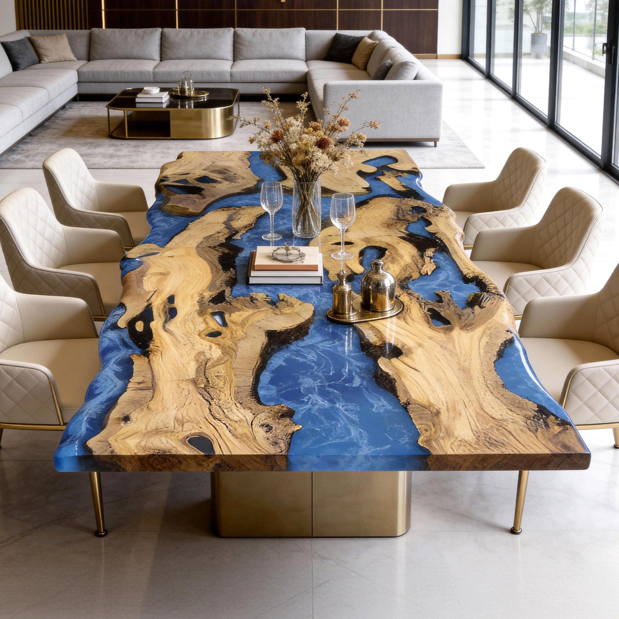 Custom Olive Live Edge Blue River Epoxy Table