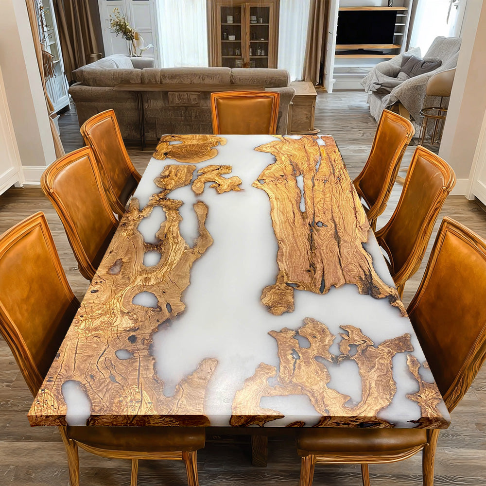 Custom Olive Milk White River Resin Epoxy Table in New York