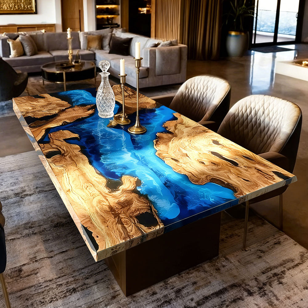 Olive Wood Ocean River Epoxy Table