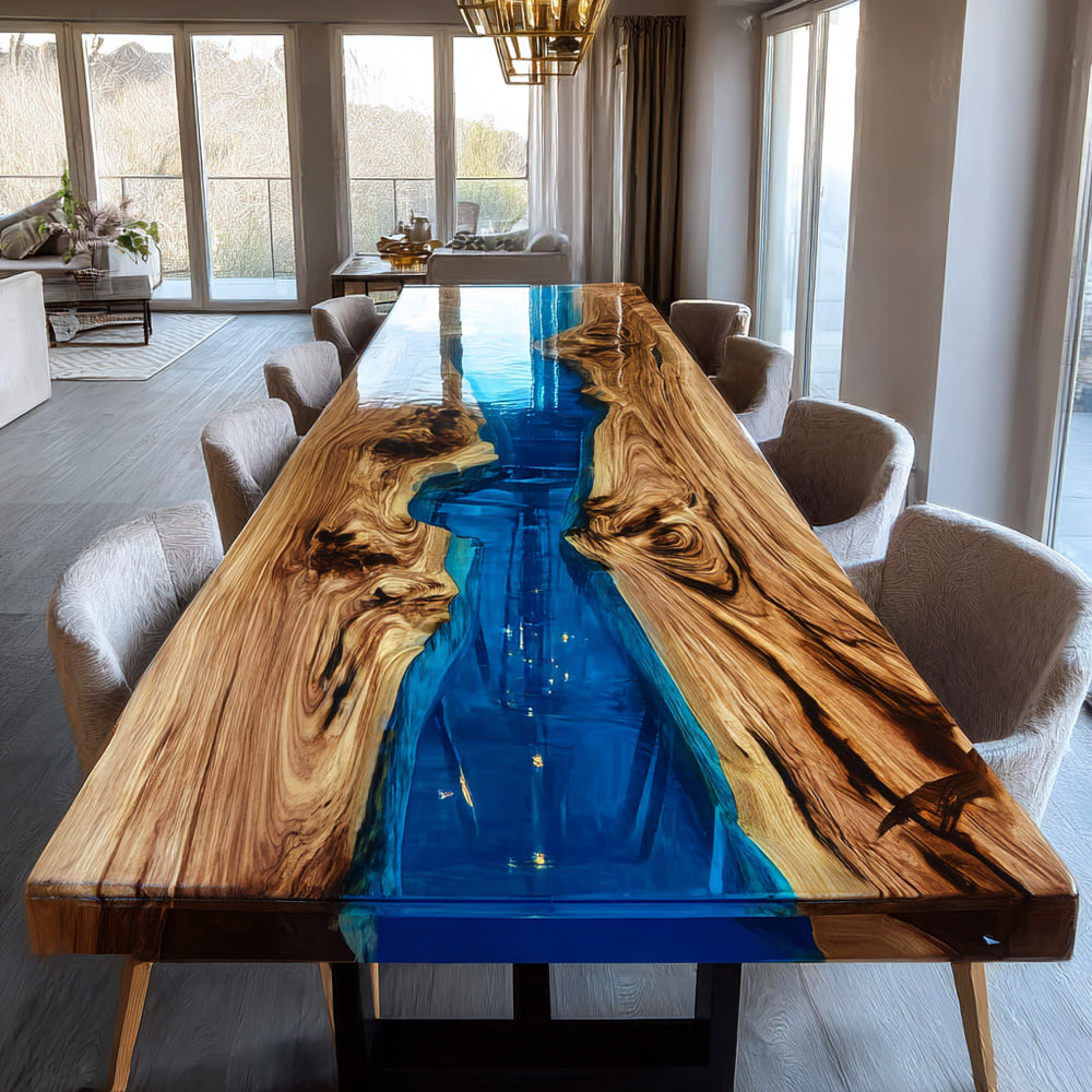 Custom Olive Wood Blue River Dining Epoxy Table - for Luxury Hosting Restaurant & U.S. Entertaining Dining Hall