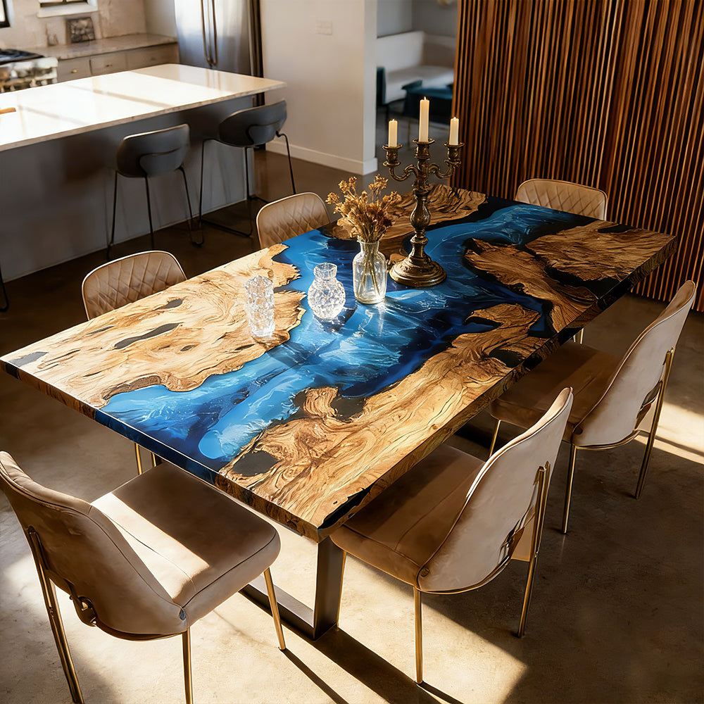 Olive Wood Ocean River Epoxy Table