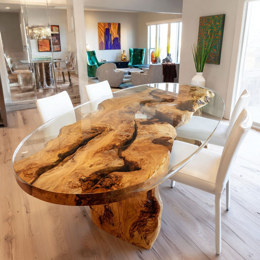 Custom Oval Olive Wood Clear Resin Table Table - Perfect Social Centerpiece for Hosting in Malibu