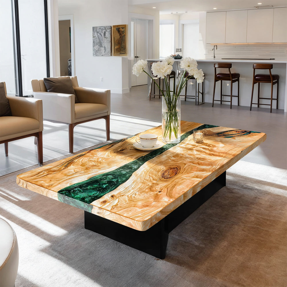 Custom Poplar Green Resin Living Room River Epoxy Table in Dallas