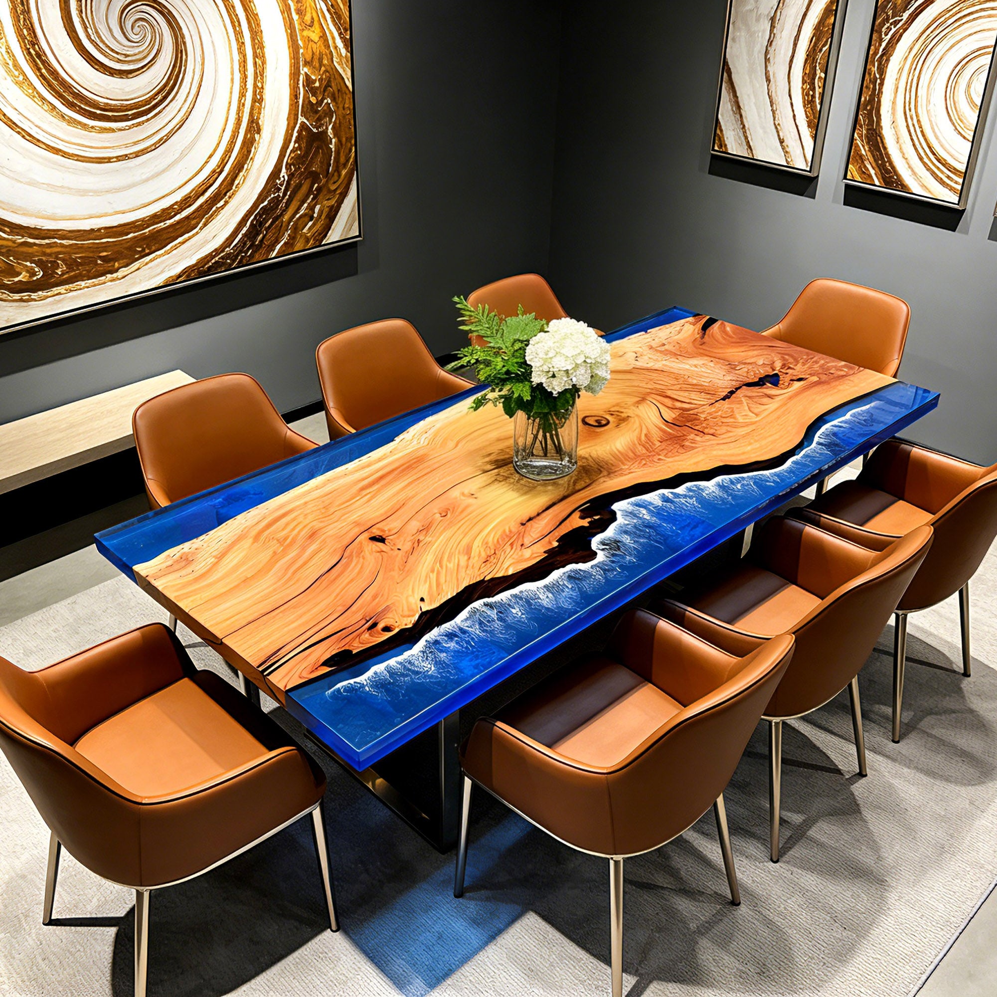 Custom Premium Beech Wood & Deep Sea Epoxy River Table in Austin