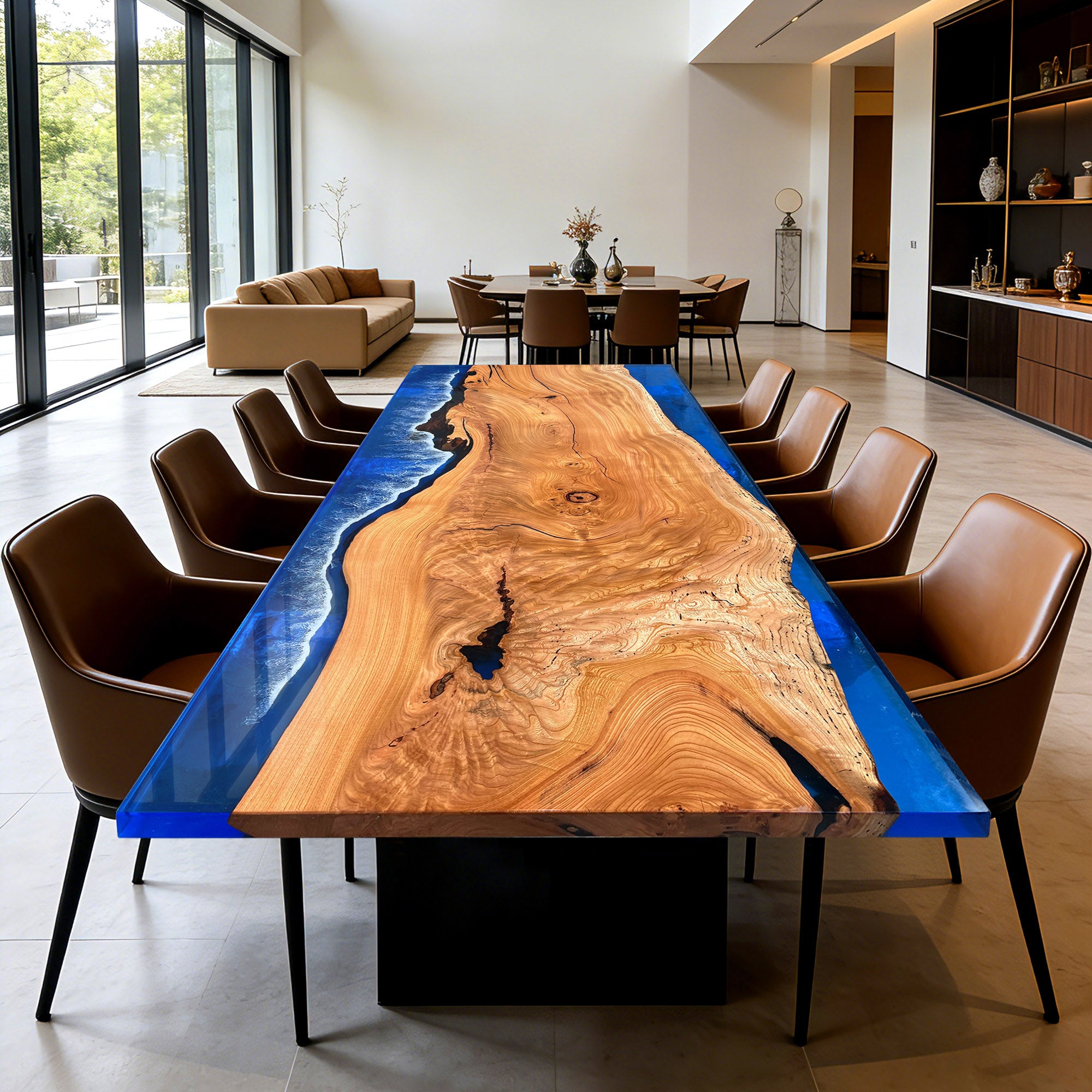 Premium Beech Wood & Deep Sea Epoxy River Table in Austin