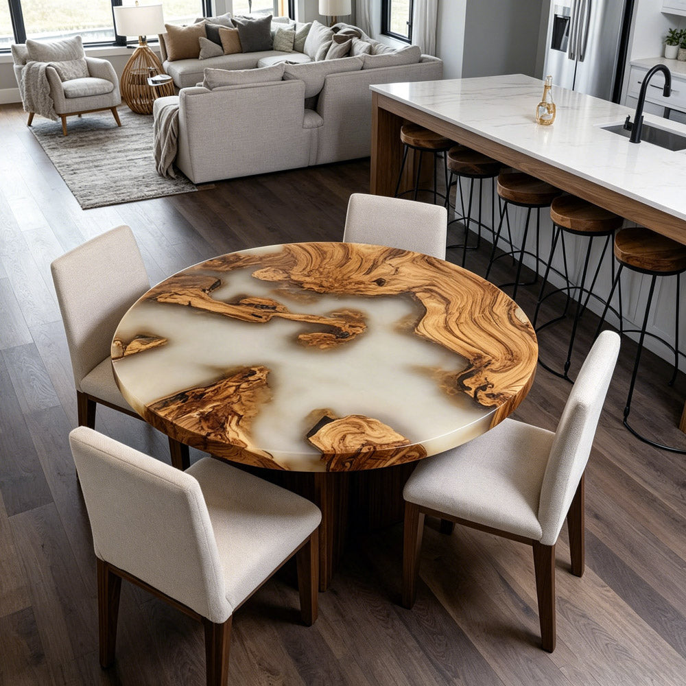 Custom Round Olive Wood Milk White Coffee and Dining Epoxy Table for Sophisticated Lounge Spaces in Chicago