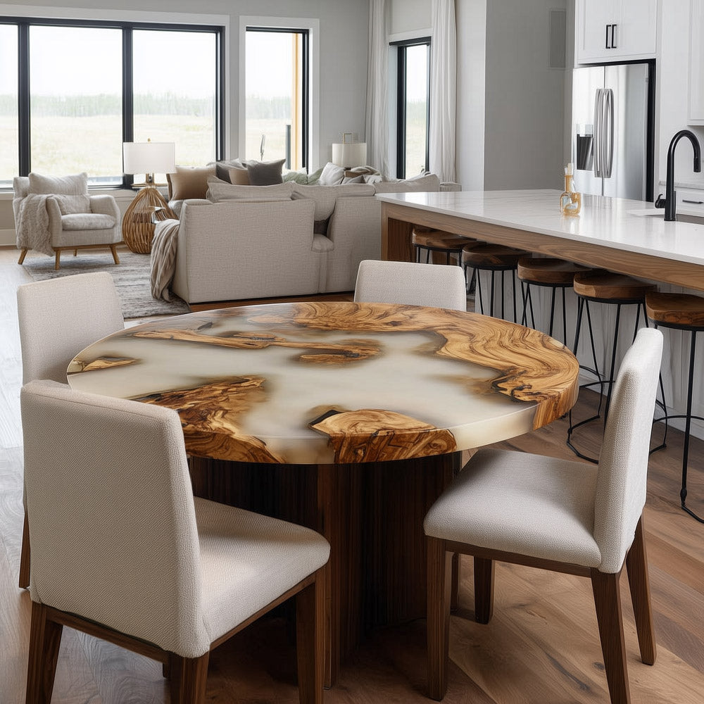 Olive Wood Milk White Epoxy Table for Sophisticated Lounge Spaces RT37 in Chicago