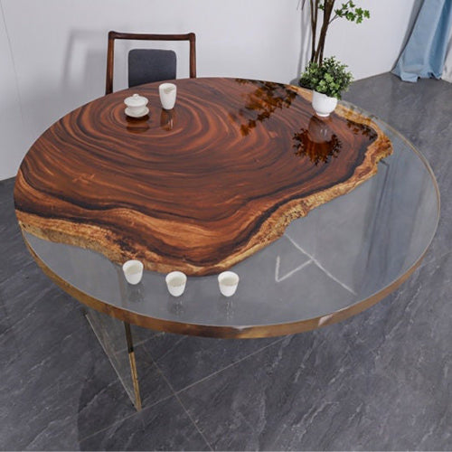 Custom Round Walnut Wood Epoxy Table in New York