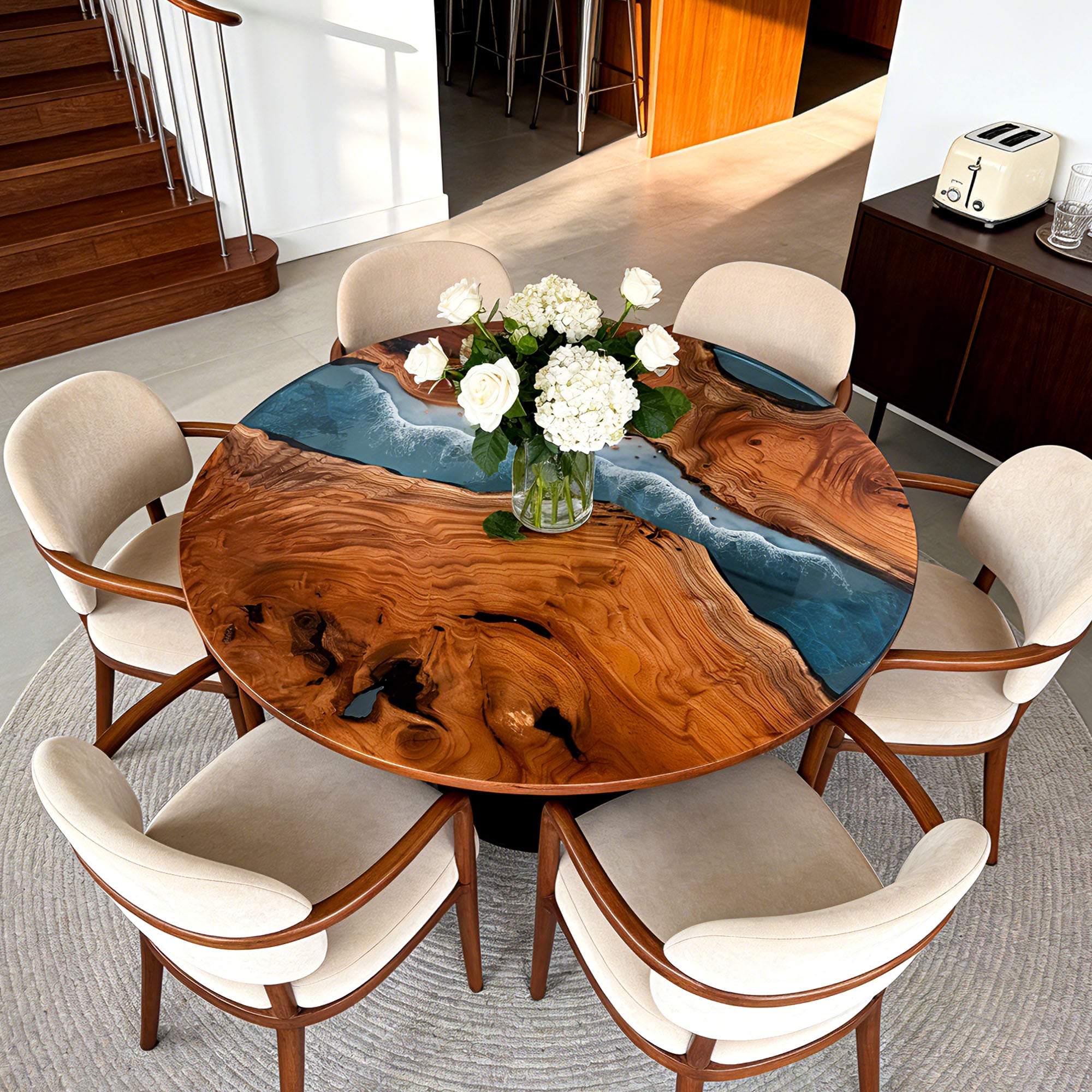 Custom Solid Beech & Seawave Blue Resin Epoxy Table in San Diego