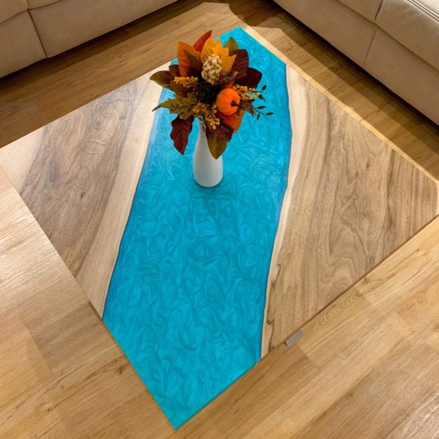 Custom Square Epoxy Table Blue Resin River
