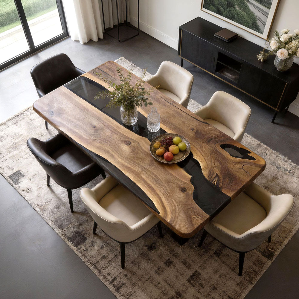 Custom Walnut Black River Epoxy Resin Table in New York
